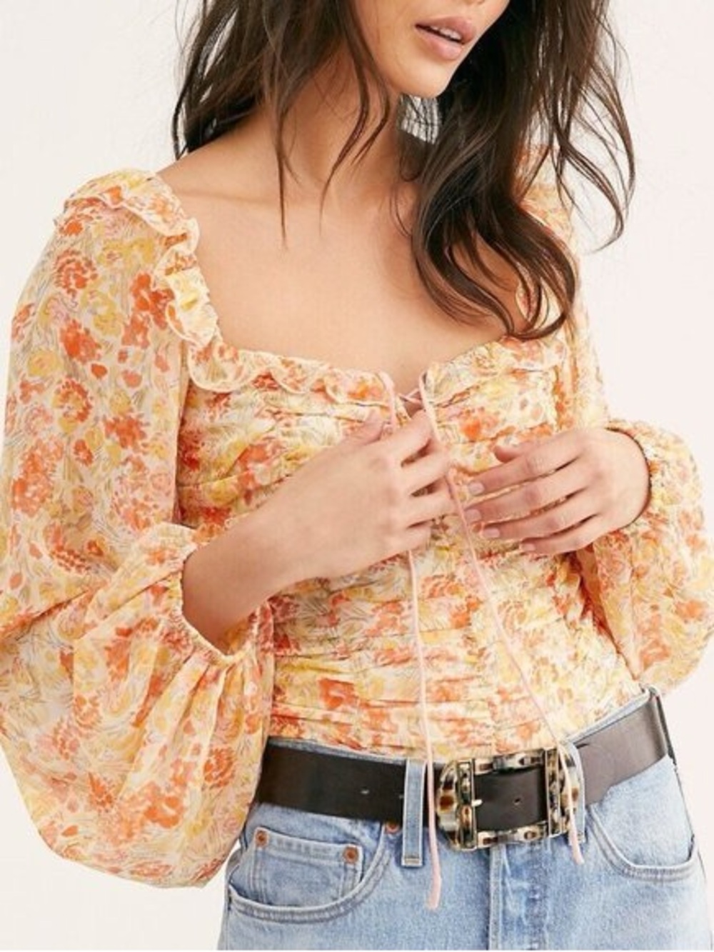 Free People Mabel Printed Blouse Orange Yellow Floral Balloon Sleeve Size XS